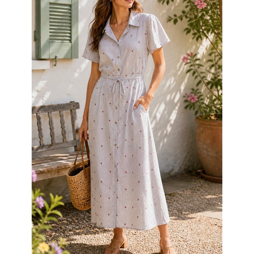 RSVP Draper James White & Navy Striped Midi Shirt Dress with Red Star Print